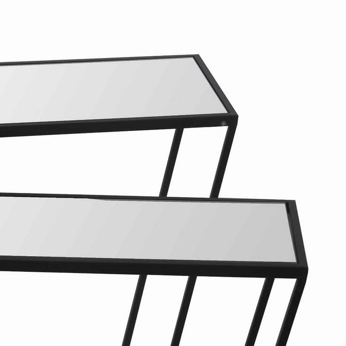Rectangular Mirror Top Metal Accent Table with Sled Base, Set of 2, Black