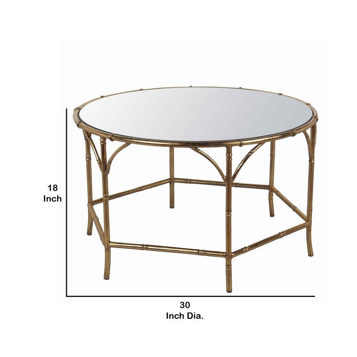 Round Mirror Top Coffee Table with Open Arched Metal Frame, Gold