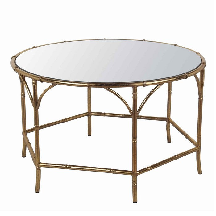 Round Mirror Top Coffee Table with Open Arched Metal Frame, Gold