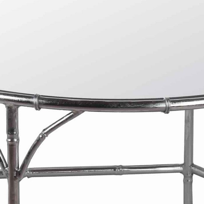 Round Mirror Top Coffee Table with Open Arched Metal Frame, Silver