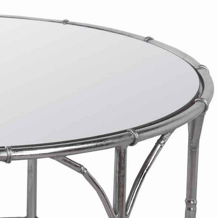 Round Mirror Top Coffee Table with Open Arched Metal Frame, Silver