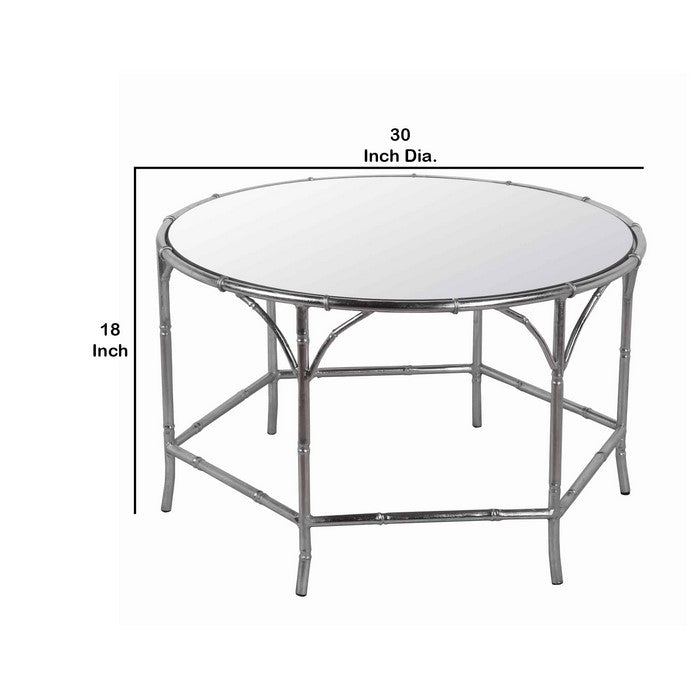 Round Mirror Top Coffee Table with Open Arched Metal Frame, Silver