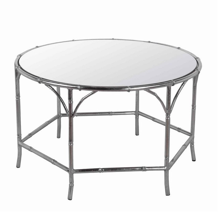 Round Mirror Top Coffee Table with Open Arched Metal Frame, Silver