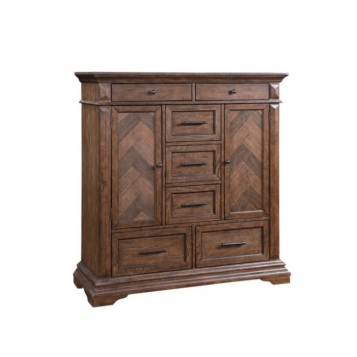 Transitional Wooden Chest with Seven Drawers and Two Cabinets, Brown