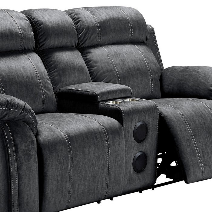 Fabric Upholstered Reclining Console Loveseat with Inbuilt Speakers, Gray
