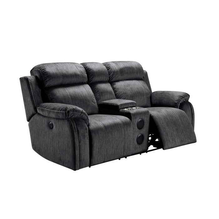 Fabric Upholstered Reclining Console Loveseat with Inbuilt Speakers, Gray