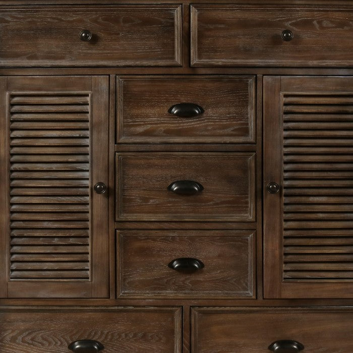 7 Drawer Transitional Wooden Chest with Two Shutter Design Cabinets, Brown