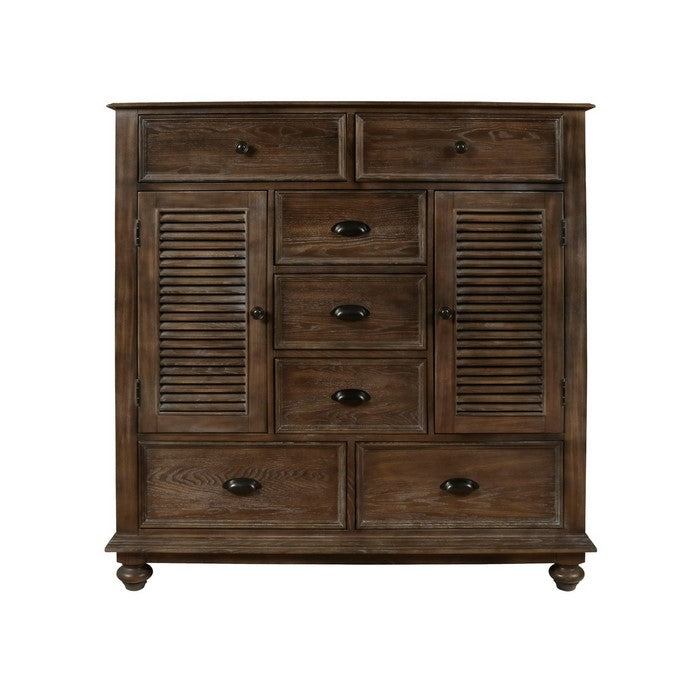 7 Drawer Transitional Wooden Chest with Two Shutter Design Cabinets, Brown