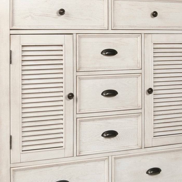 7 Drawer Transitional Wooden Chest with Two Shutter Design Cabinets, White