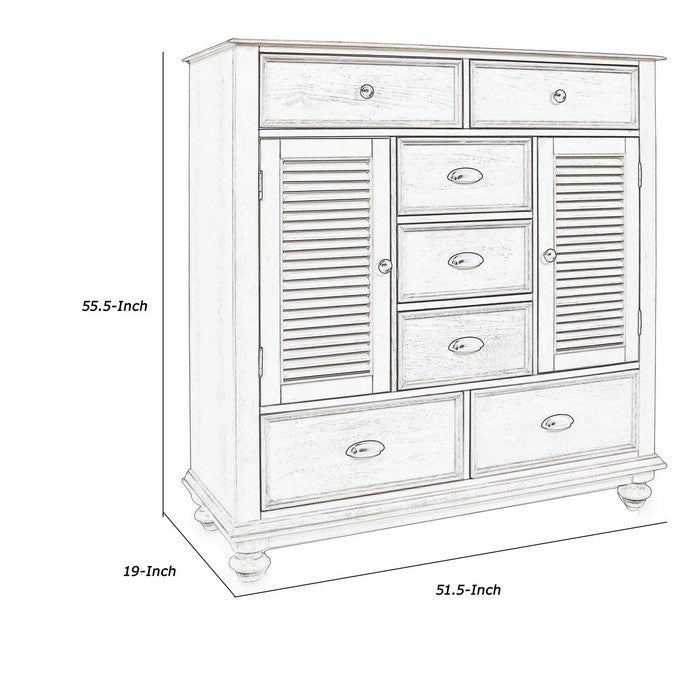 7 Drawer Transitional Wooden Chest with Two Shutter Design Cabinets, White