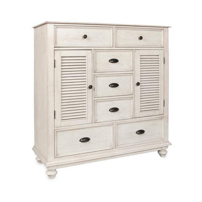 7 Drawer Transitional Wooden Chest with Two Shutter Design Cabinets, White