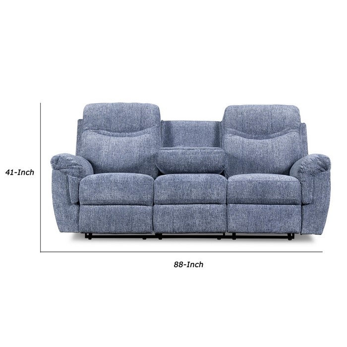 Fabric Reclining Sofa with Pillow Top Armrests and Drop Down Tray, Blue