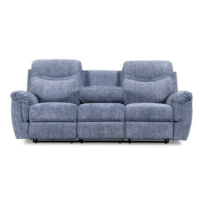 Fabric Reclining Sofa with Pillow Top Armrests and Drop Down Tray, Blue