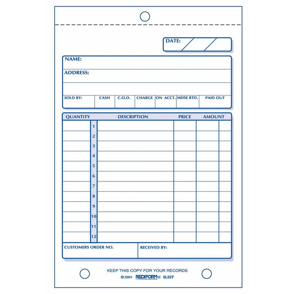 REDIFORM Sales Order Book, Carbonless, 2 Part, 4.25" x 6.375", 50 Forms (5L527)