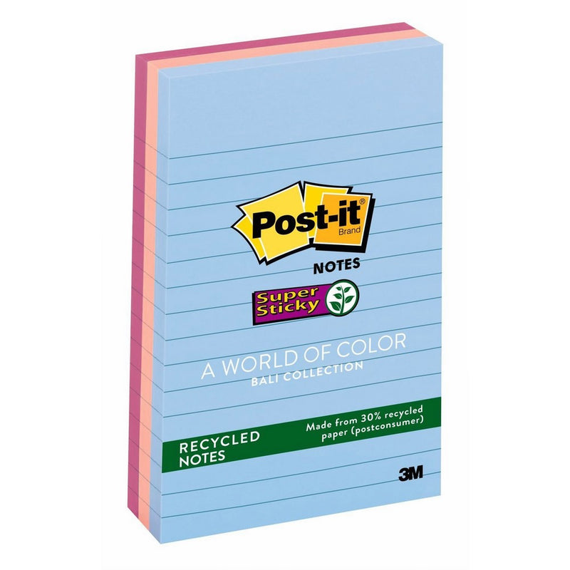 Post-it Recycled Super Sticky Notes, 4 in x 6 in, Bali Collection, Lined 5 Pads/Pack (660-3SSNRP)