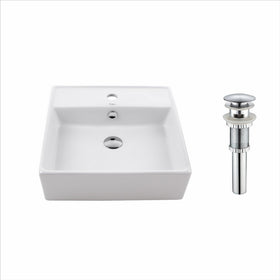 Kraus KCV-150-CH White Square Ceramic Bathroom Sink and Pop Up Drain with Overflow Chrome