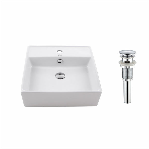 Kraus KCV-150-CH White Square Ceramic Bathroom Sink and Pop Up Drain with Overflow Chrome