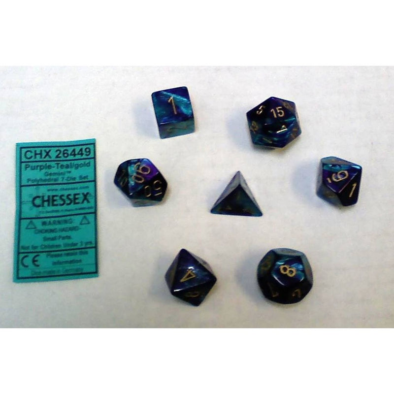 Chessex Polyhedral 7-Die Gemini Dice Set: Purple & Teal with Gold (d4, d6, d8, d10, d12, d20 & d00) CHX-26449