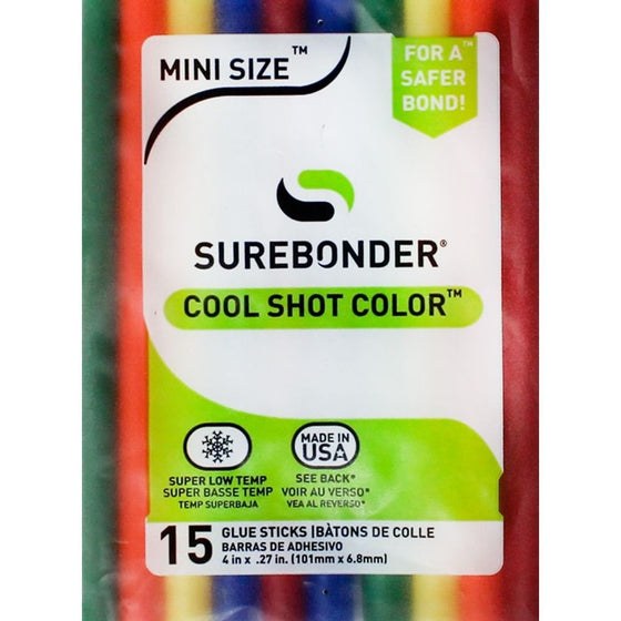 Surebonder CS-15VC Super Low Temperature Cool Shot Assorted Color Mini Glue Stick, 4-Inch x .27-Inch, 15 sticks