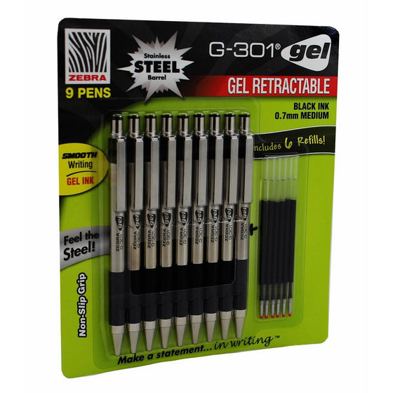 Zebra G-301 Gel Stainless Steel 9 Pack w/ 6 Refill Cartridges