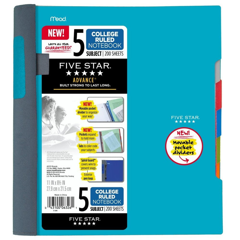 Five Star Advance Spiral Notebook, 5 Subject, College Ruled Paper, 200 Sheets, 11" x 8-1/2", Teal (73152)