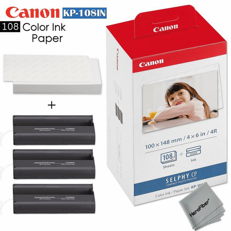 Canon KP-108IN / KP108 Color Ink Paper includes 108 Ink Paper sheets Ink toners for Canon Selphy CP1200, Selphy CP910, Selphy CP900, cp770 and cp760 Ultra fine HeroFiber cleaning Cloth