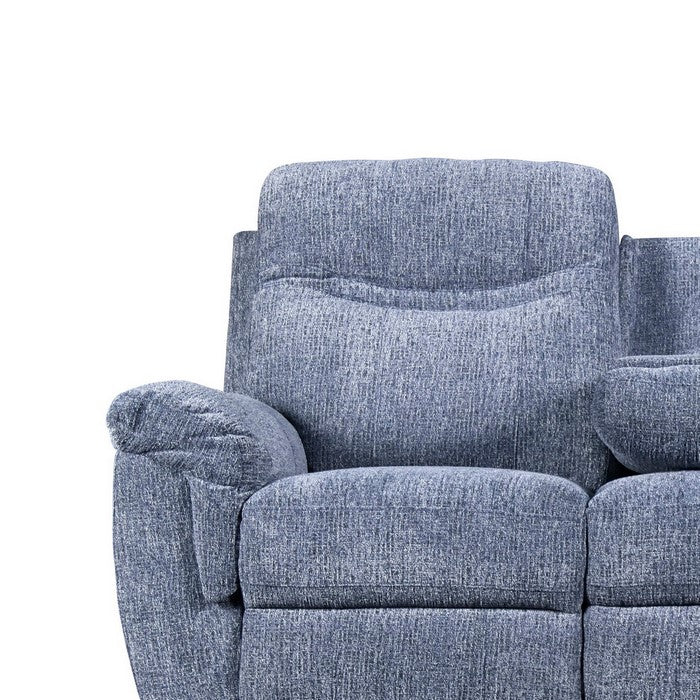 Fabric Reclining Sofa with Pillow Top Armrests and Drop Down Tray, Blue