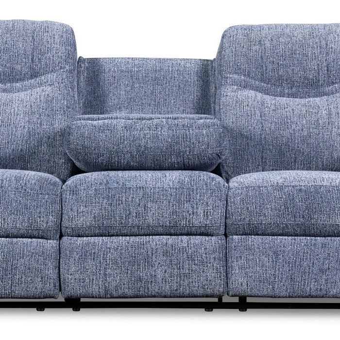 Fabric Reclining Sofa with Pillow Top Armrests and Drop Down Tray, Blue