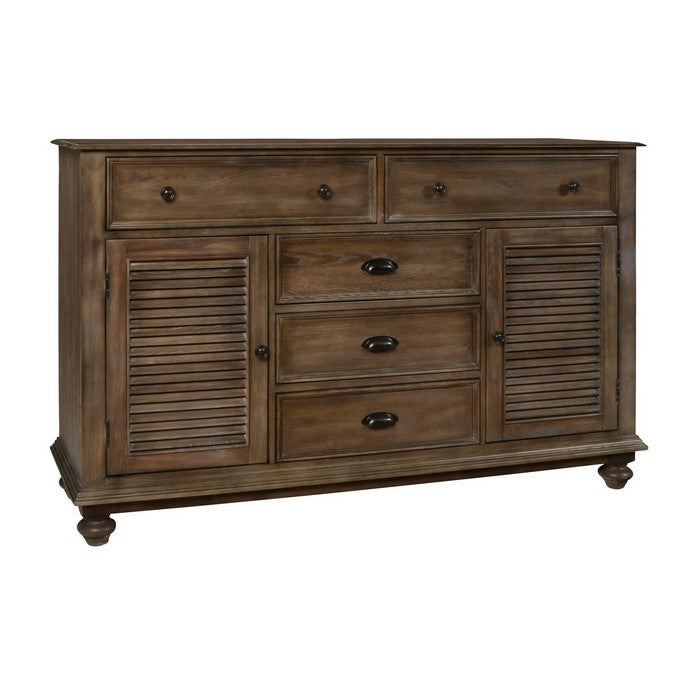 5 Drawer Transitional Wooden Chest with Two Shutter Design Cabinets, Brown