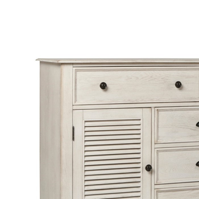 5 Drawer Transitional Wooden Chest with Two Shutter Design Cabinets, White