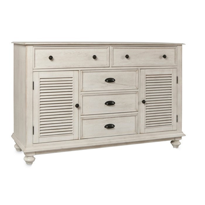 5 Drawer Transitional Wooden Chest with Two Shutter Design Cabinets, White