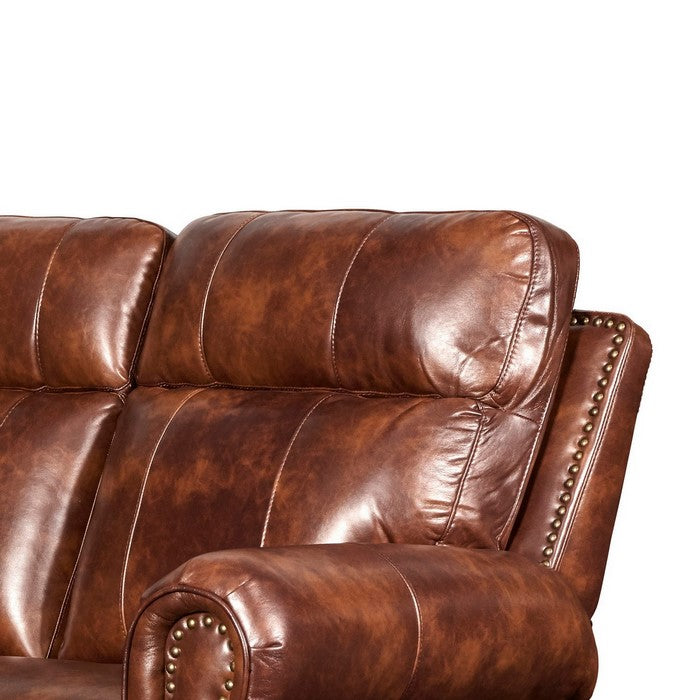 Nailhead Trim Leatherette Reclining Loveseat with Rolled Armrests, Brown