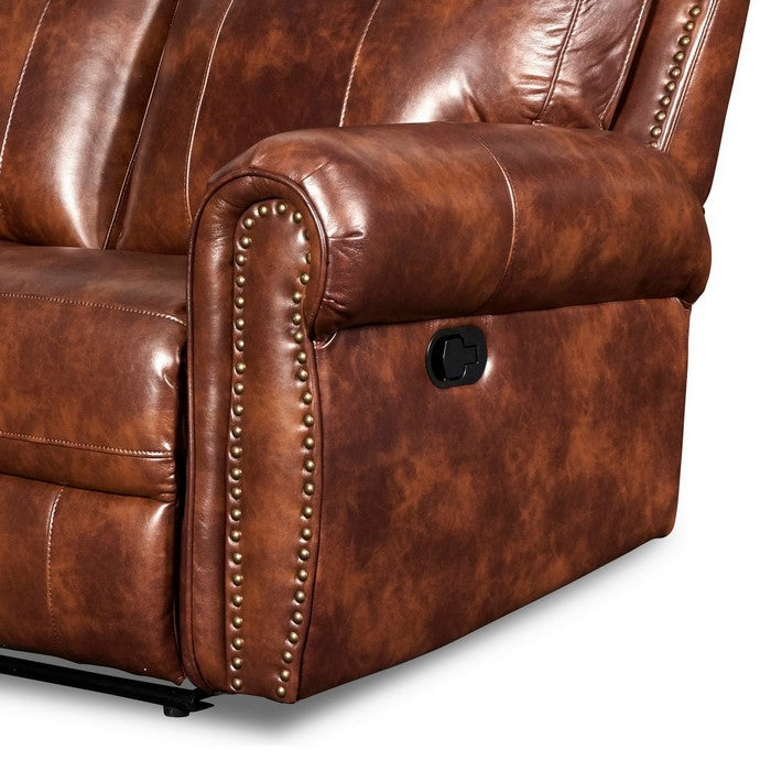 Nailhead Trim Leatherette Reclining Loveseat with Rolled Armrests, Brown