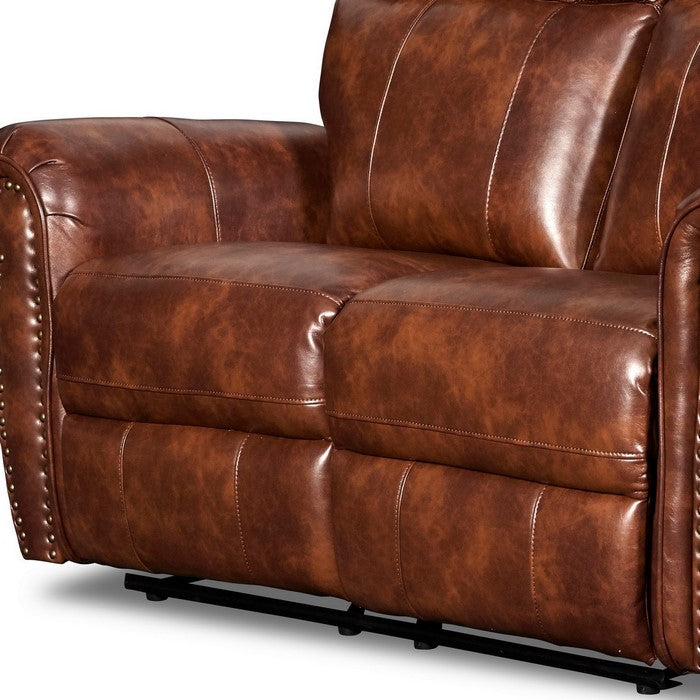 Nailhead Trim Leatherette Reclining Loveseat with Rolled Armrests, Brown