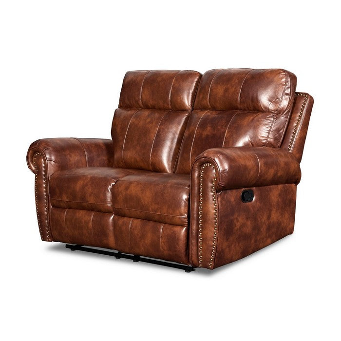 Nailhead Trim Leatherette Reclining Loveseat with Rolled Armrests, Brown