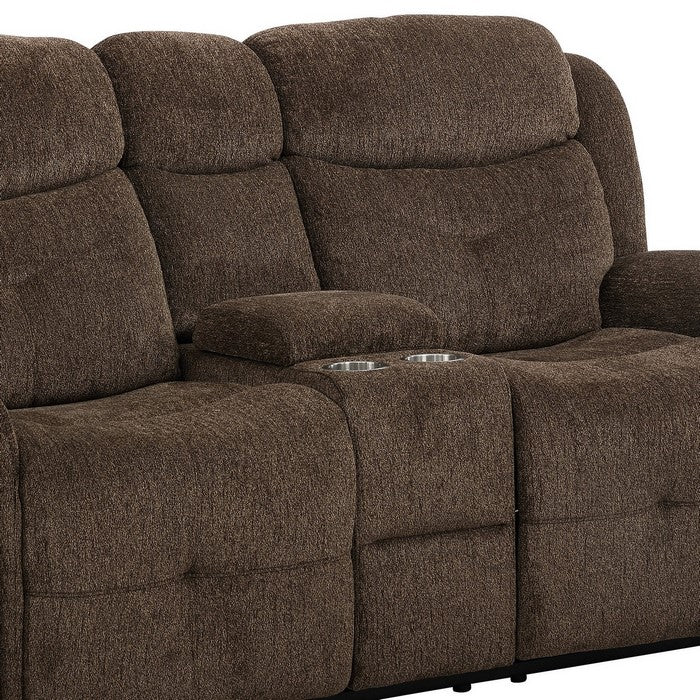 Fabric Upholstered Dual Cup Holder Console Loveseat with Storage, Brown