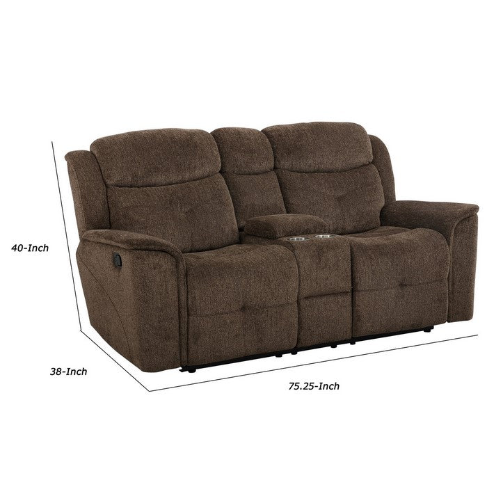 Fabric Upholstered Dual Cup Holder Console Loveseat with Storage, Brown