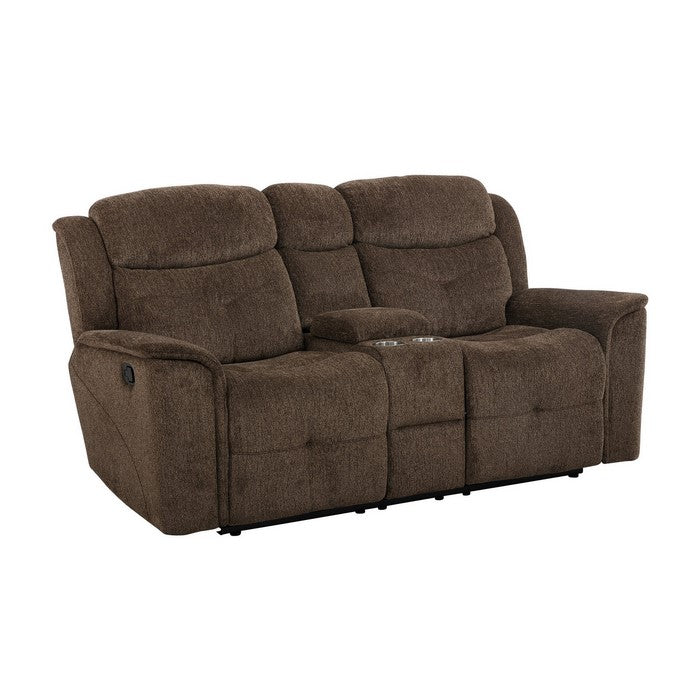 Fabric Upholstered Dual Cup Holder Console Loveseat with Storage, Brown