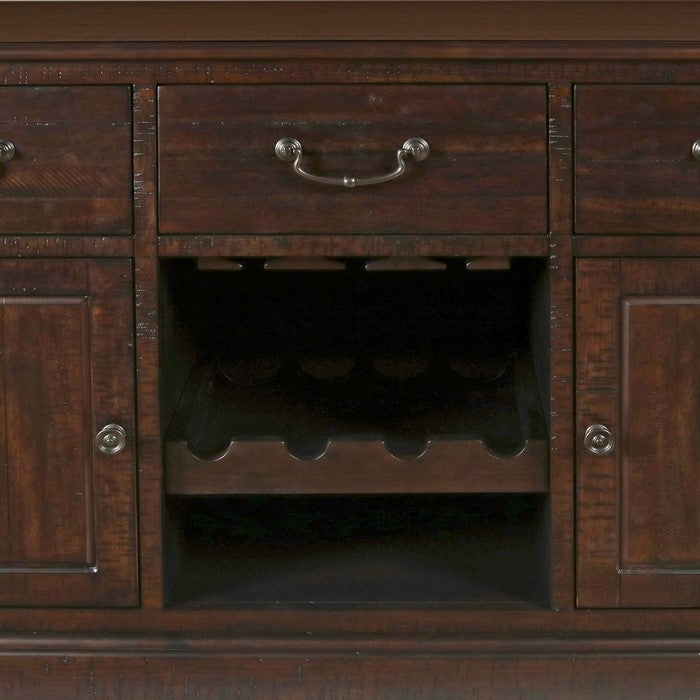 3 Drawer Wooden Server with 2 Cabinets and Wine Rack, Brown