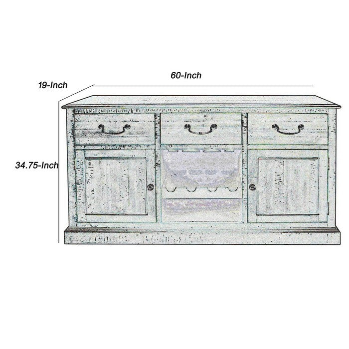 3 Drawer Wooden Server with 2 Cabinets and Wine Rack, Brown