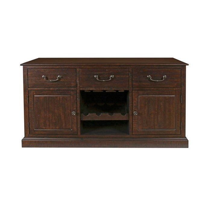 3 Drawer Wooden Server with 2 Cabinets and Wine Rack, Brown