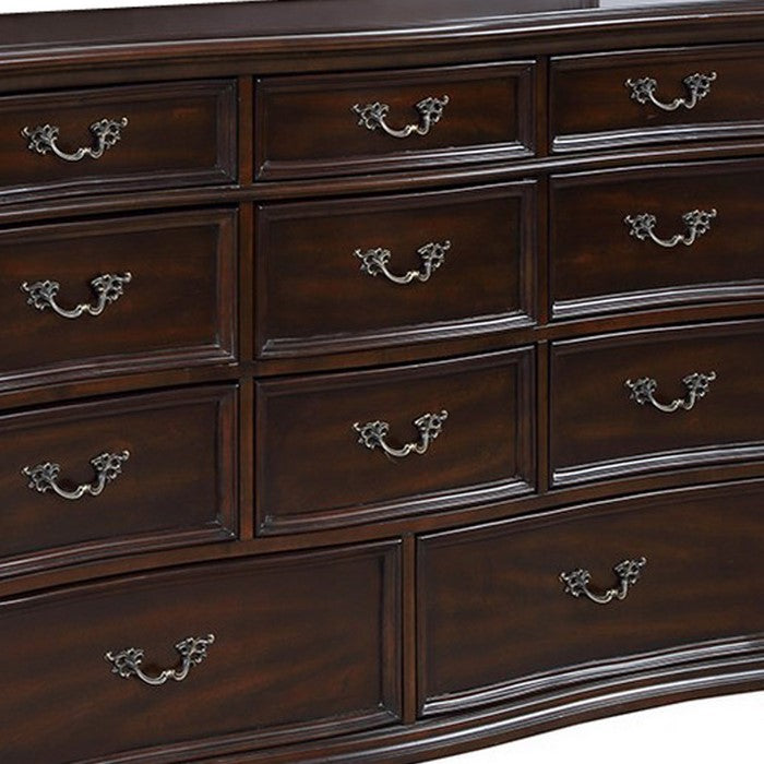 11 Drawer Wooden Dresser with Antique Metal Handles and Bun Feet, Brown
