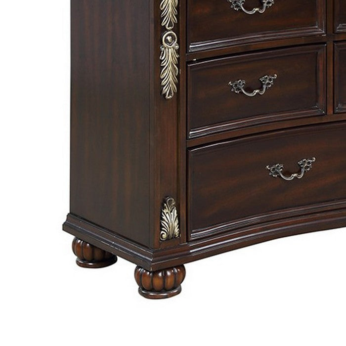 11 Drawer Wooden Dresser with Antique Metal Handles and Bun Feet, Brown