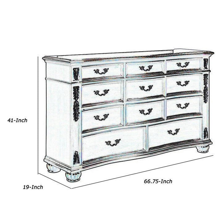 11 Drawer Wooden Dresser with Antique Metal Handles and Bun Feet, Brown