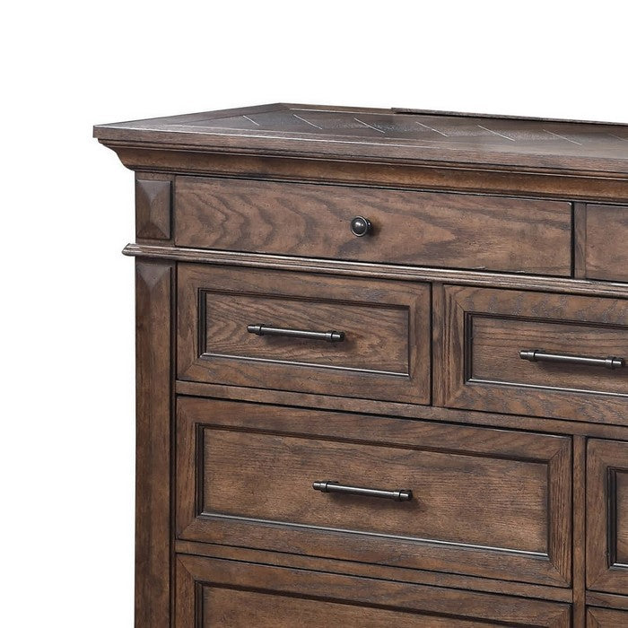 9 Drawer Wooden Dresser with Metal Handles and Molded Details, Brown