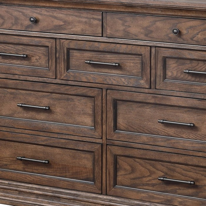 9 Drawer Wooden Dresser with Metal Handles and Molded Details, Brown