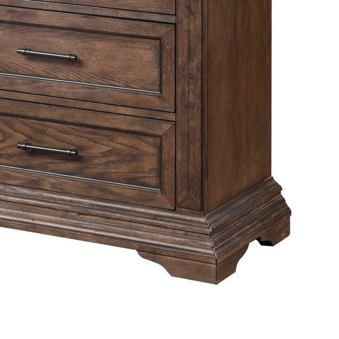 9 Drawer Wooden Dresser with Metal Handles and Molded Details, Brown