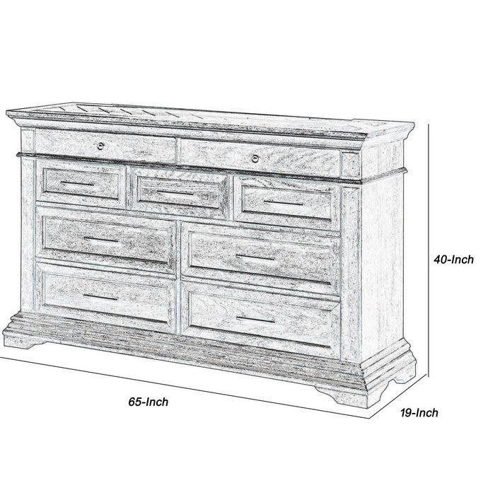 9 Drawer Wooden Dresser with Metal Handles and Molded Details, Brown