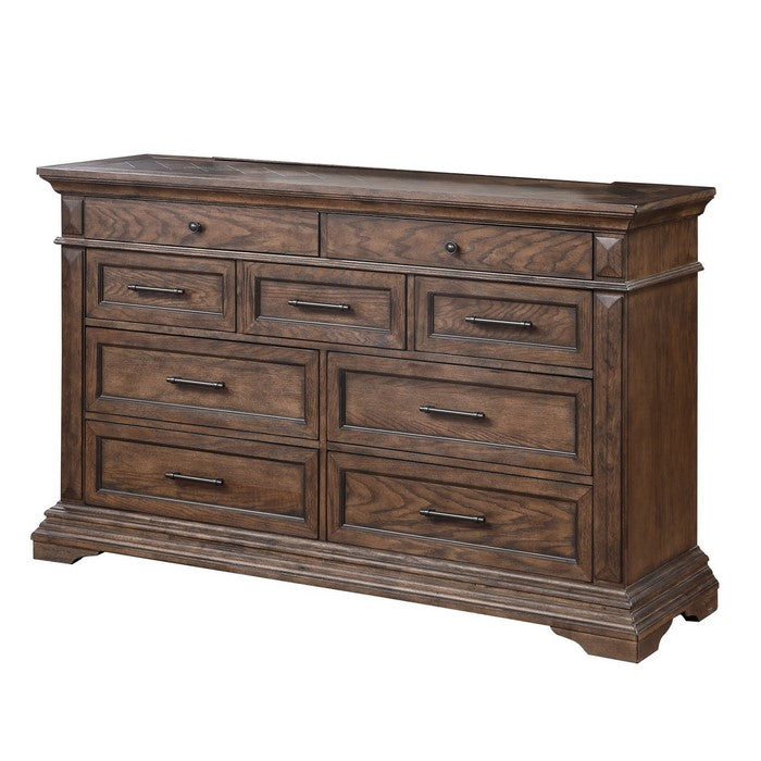 9 Drawer Wooden Dresser with Metal Handles and Molded Details, Brown