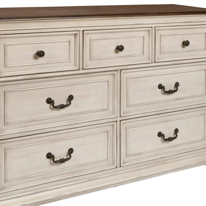 7 Drawer Wooden Dresser with Metal Handles and Molded Details, White
